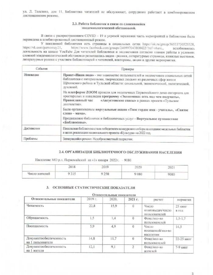 Отчет о деятельности Первомайской поселковой библиотеки за 2021 год